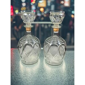 Lot of 2 Vintage Clear Glass Matching Decanters Teardrop Thumbprint